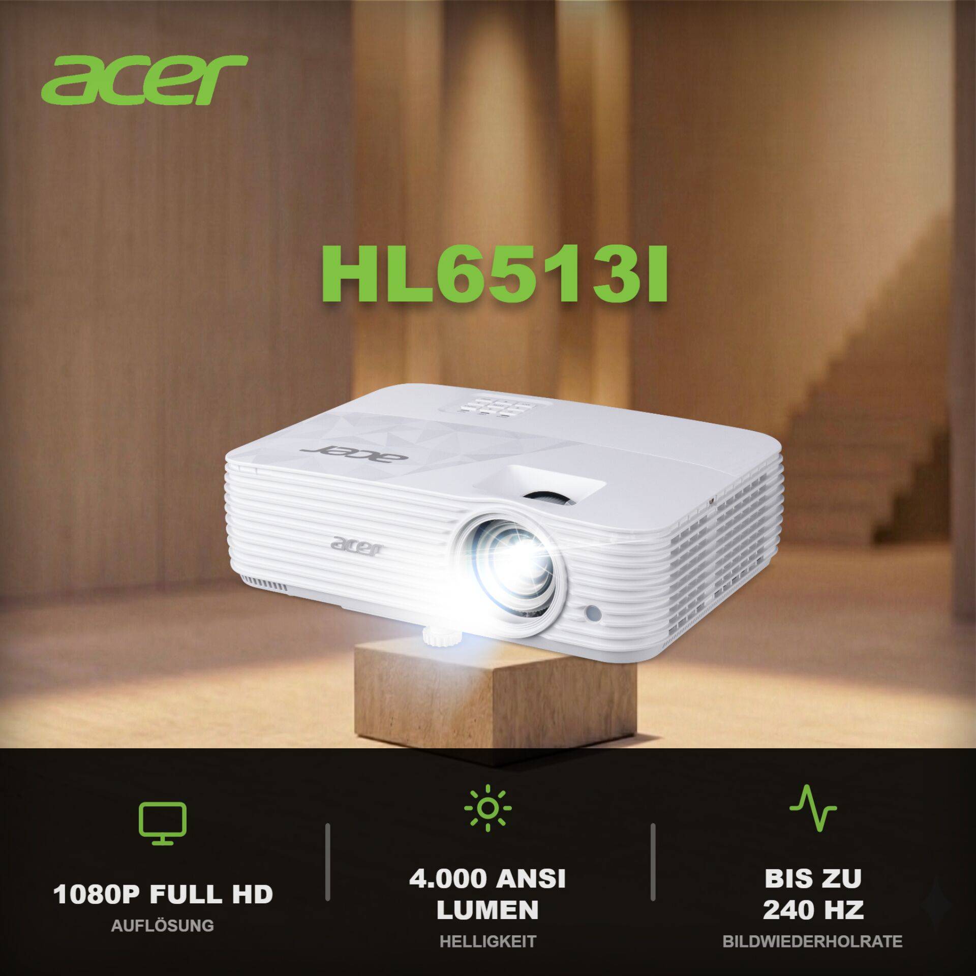 Acer HL6513i, 4000 ANSI lumens, DLP, 1080p (1920x1080), 10000:1, 16:9, 762 - 7620 mm (30 - 300")-1