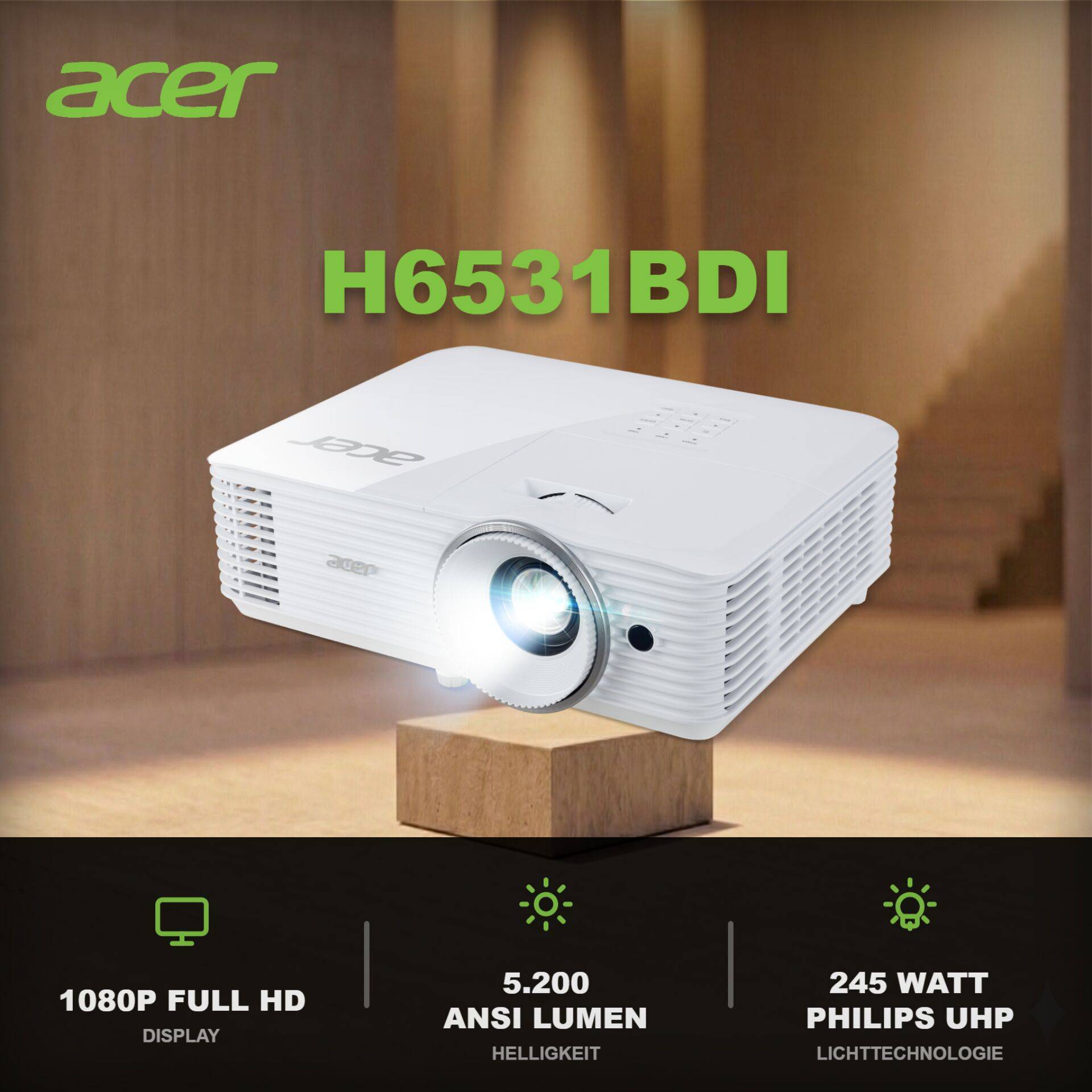 Acer H6531BDi, 5200 ANSI lumens, DLP, 1080p (1920x1080), 10000:1, 16:9, 1 - 10 m-1