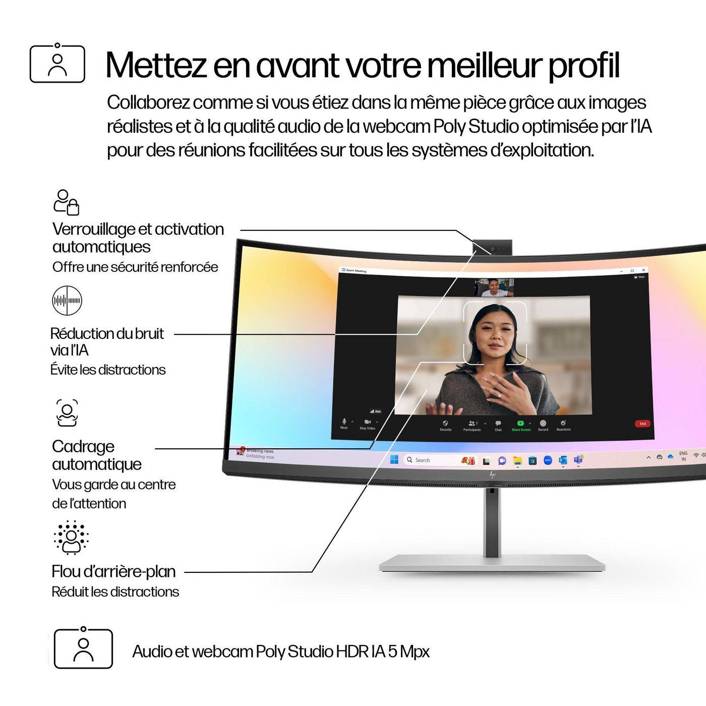 HP Écran incurvé Series 7 Pro LED - 734pm avec webcam 5 Mpx WQHD 34p 3440 x 1440 HDMI DP USB-C Thunderbolt 4 3/3/0-2
