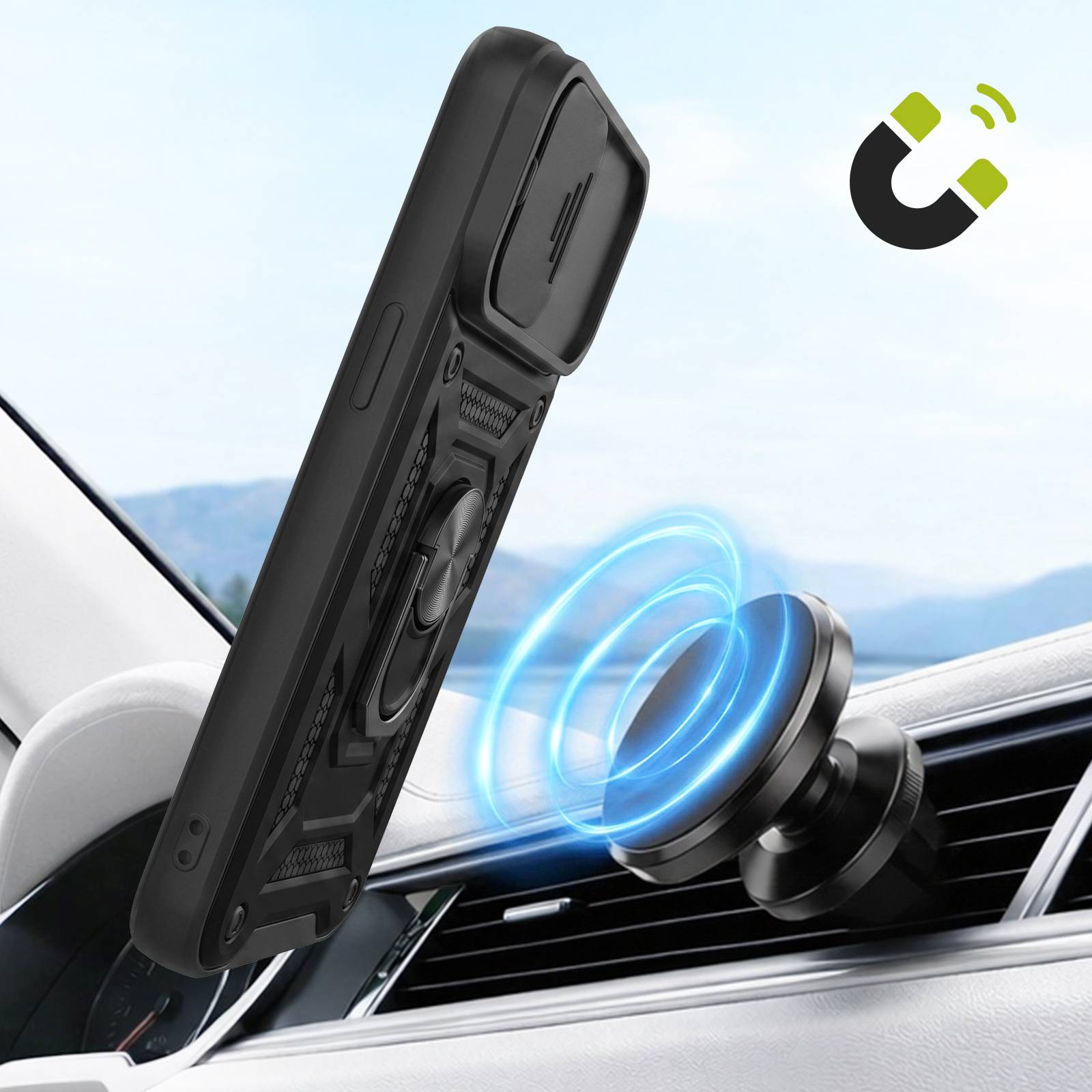 Coque pour iPhone 15 Pro Max avec Cache Objectif Coulissant et Anneau Support Magnétique-4