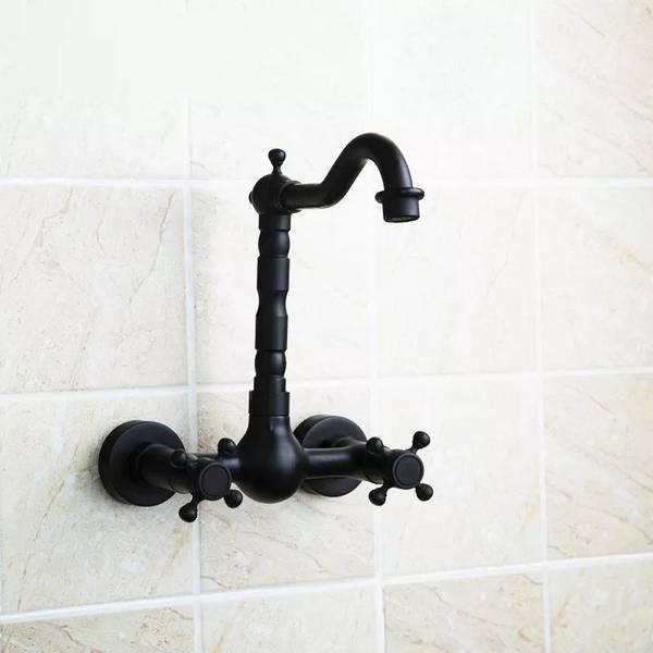 Robinet Mural de Lavabo Mélangeur Eau Chaude et Froide en Cuivre Noir Antique Noir YONIS