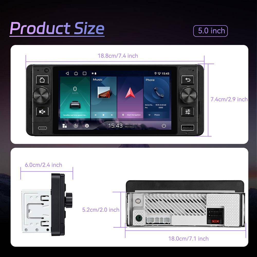 Autoradio 1 DIN 5 Pouces Android 15 CarPlay Et Android Auto Sans Fil YONIS-1