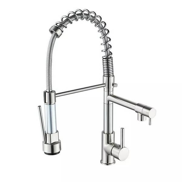 Robinet de Cuisine à Ressort Orientable en Laiton Brossé 2 Jets Eau Chaude et Froide YONIS