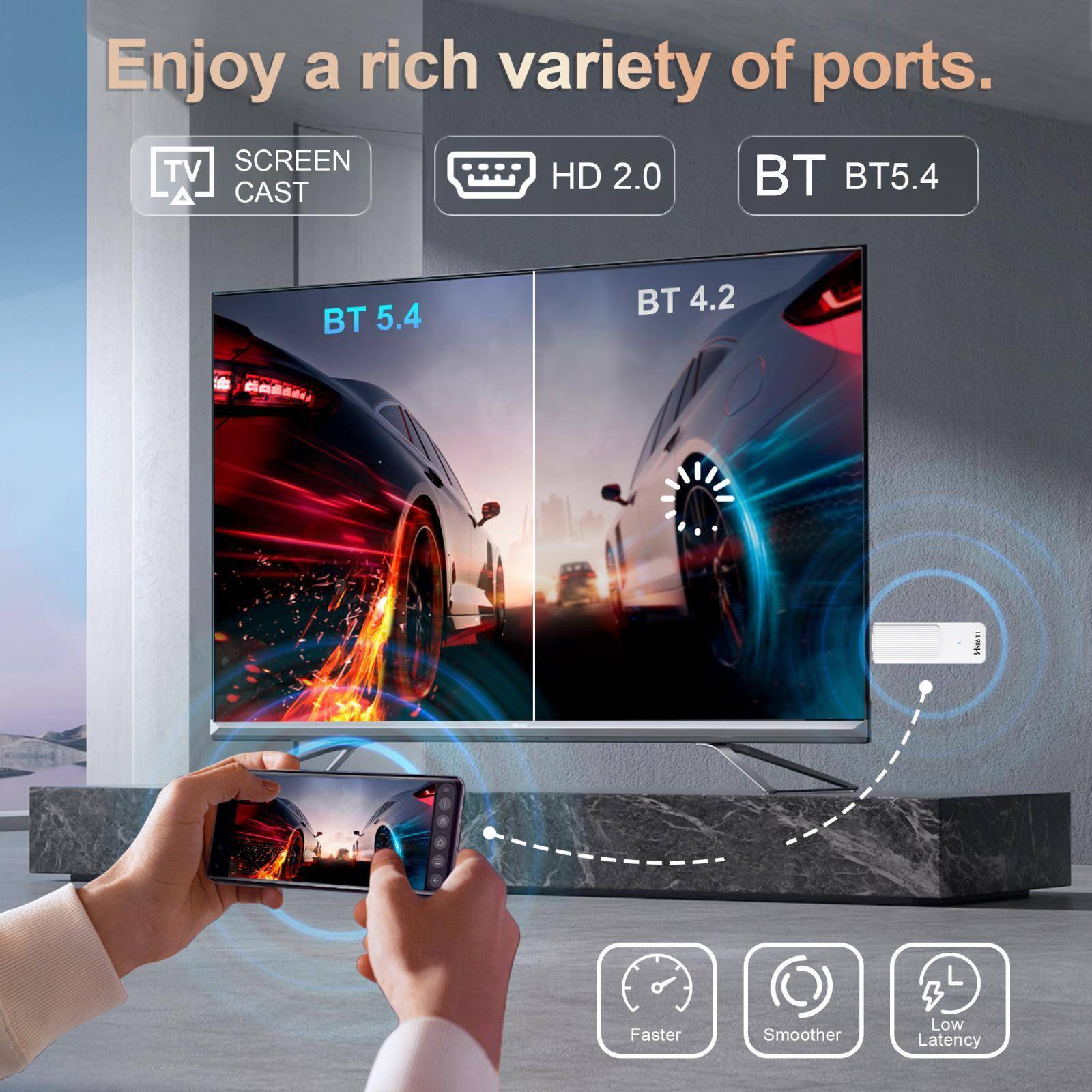 Clé TV Android 14 4K WiFi 6 avec Télécommande Vocale 2 Go 16 Go Blanc YONIS-1
