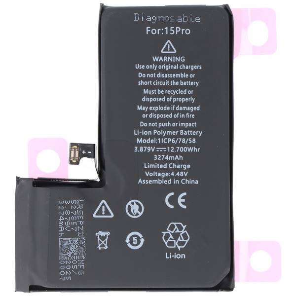 Batterie compatible avec Apple iPhone 15 Pro, diagnostiquable, Li-Polymère, 3,87 V, 3274 mAh, 12,7 Wh, sans outils