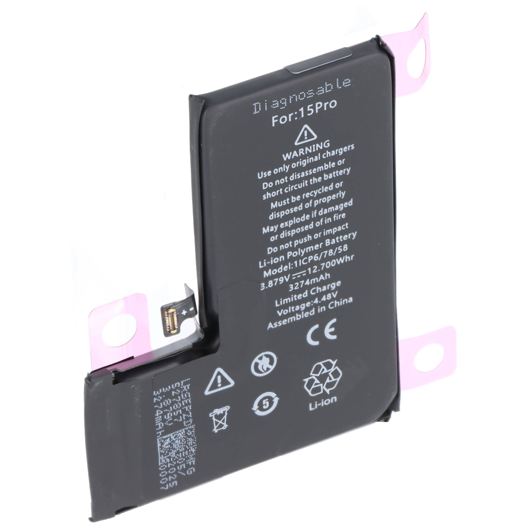Batterie compatible avec Apple iPhone 15 Pro, diagnostiquable, Li-Polymère, 3,87 V, 3274 mAh, 12,7 Wh, sans outils-2