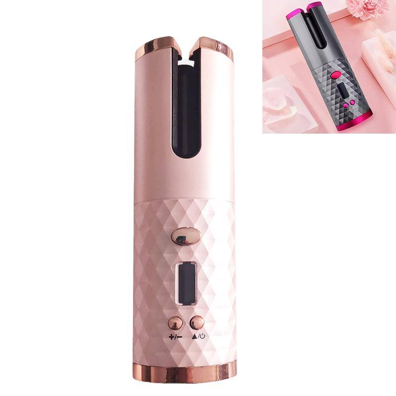 Boucleur Automatique Sans Fil Rechargeable USB pour Cheveux avec Écran LCD - Rose - Yonis-0