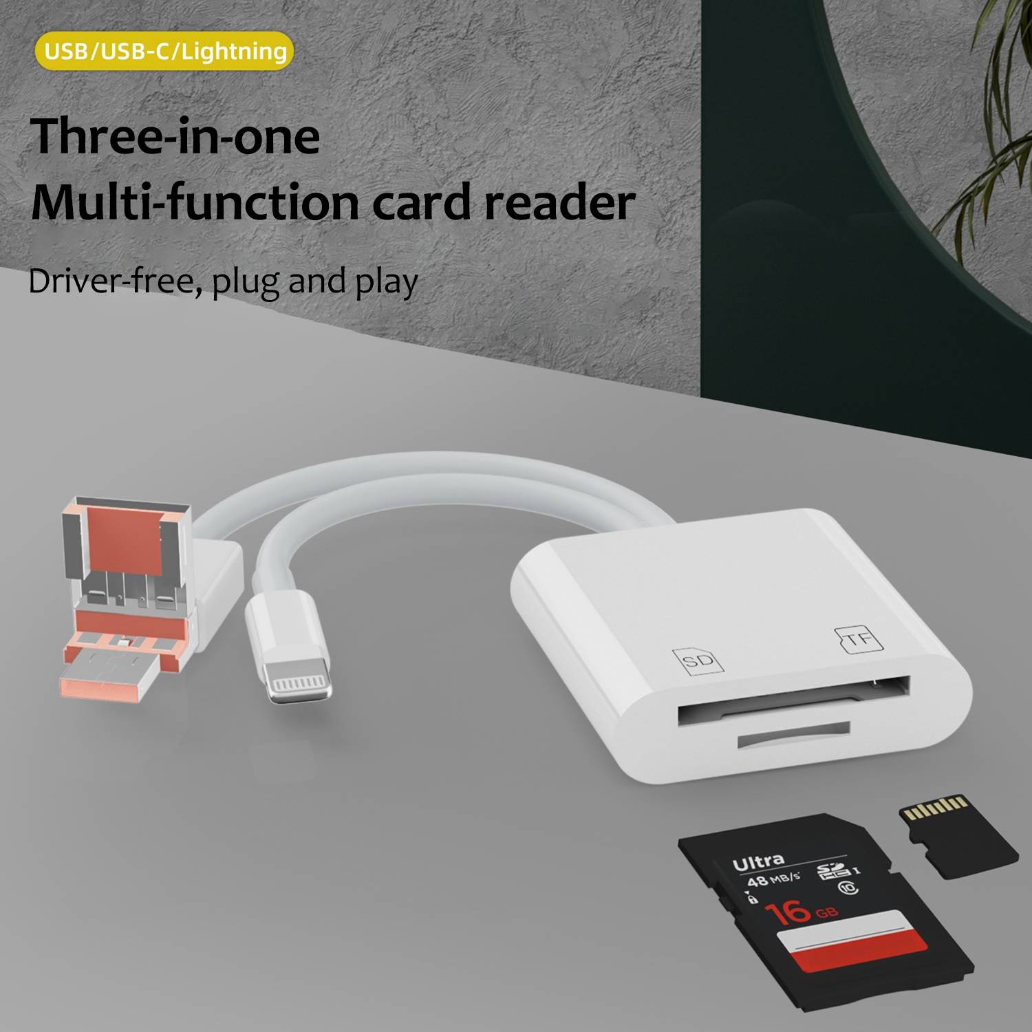 Lecteur de Cartes 3 en 1 USB-C 8 Pin USB-A pour SD TF Lecture Simultanée YONIS-1