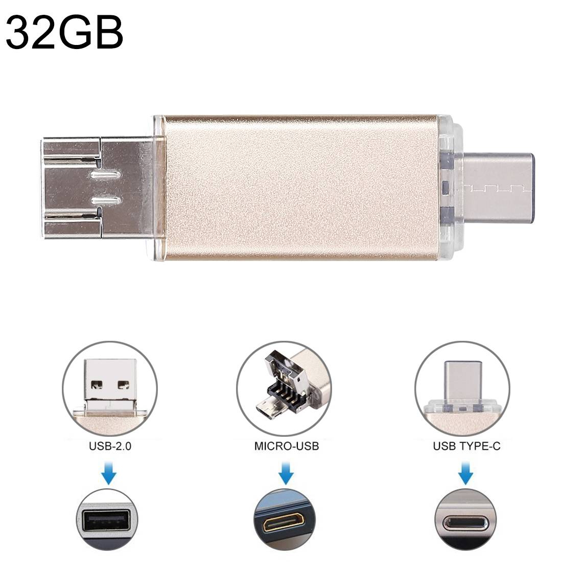 Clé USB 32 Go 3 En 1 USB-C OTG Double Port USB 2.0 Or YONIS-0