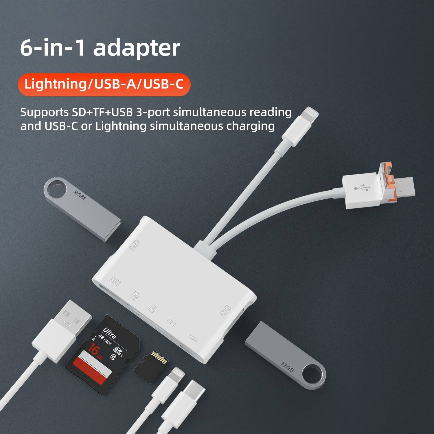 Adaptateur Multifonction 7 En 1 USB-C 8 Pin USB-A TF SD Pour Transfert Photo YONIS-1