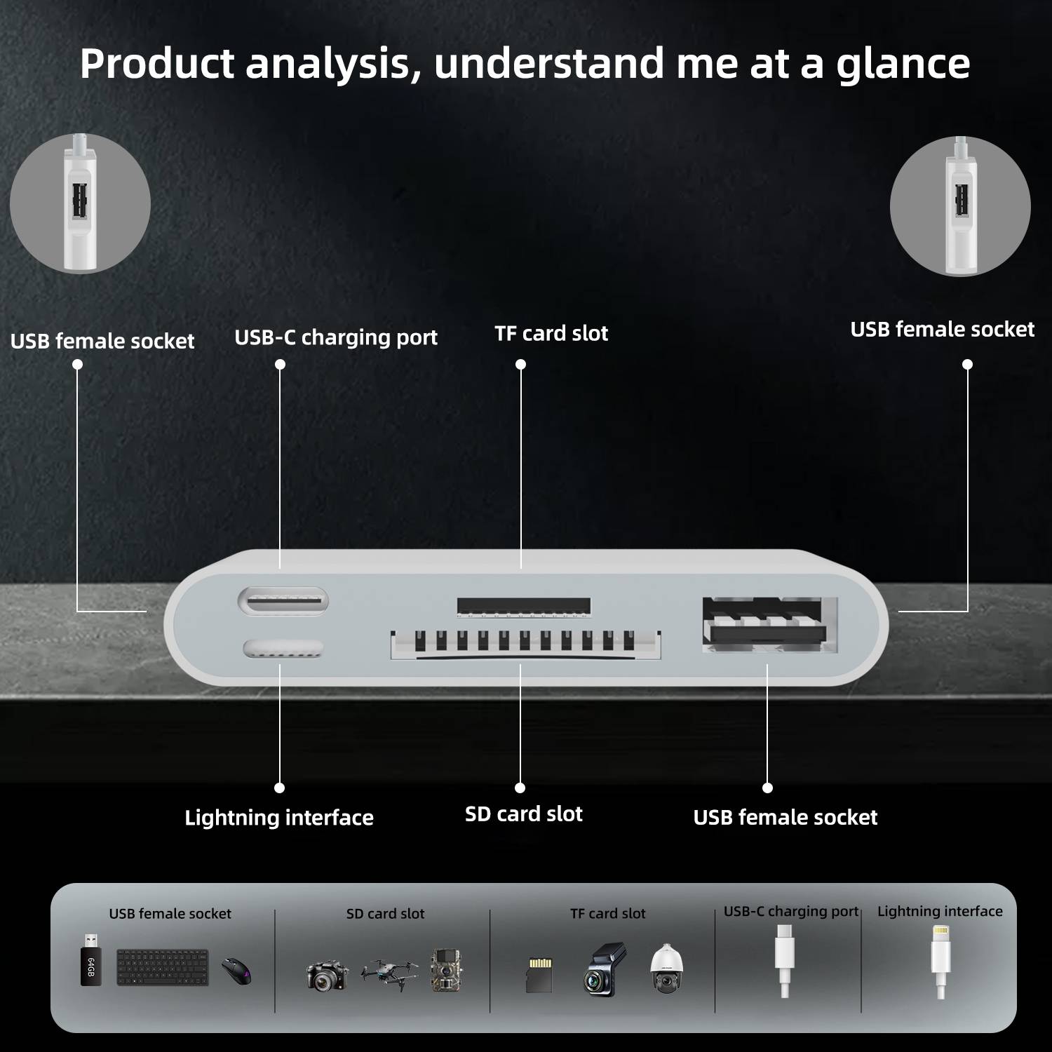 Adaptateur Multifonction 7 En 1 USB-C 8 Pin USB-A TF SD Pour Transfert Photo YONIS-2