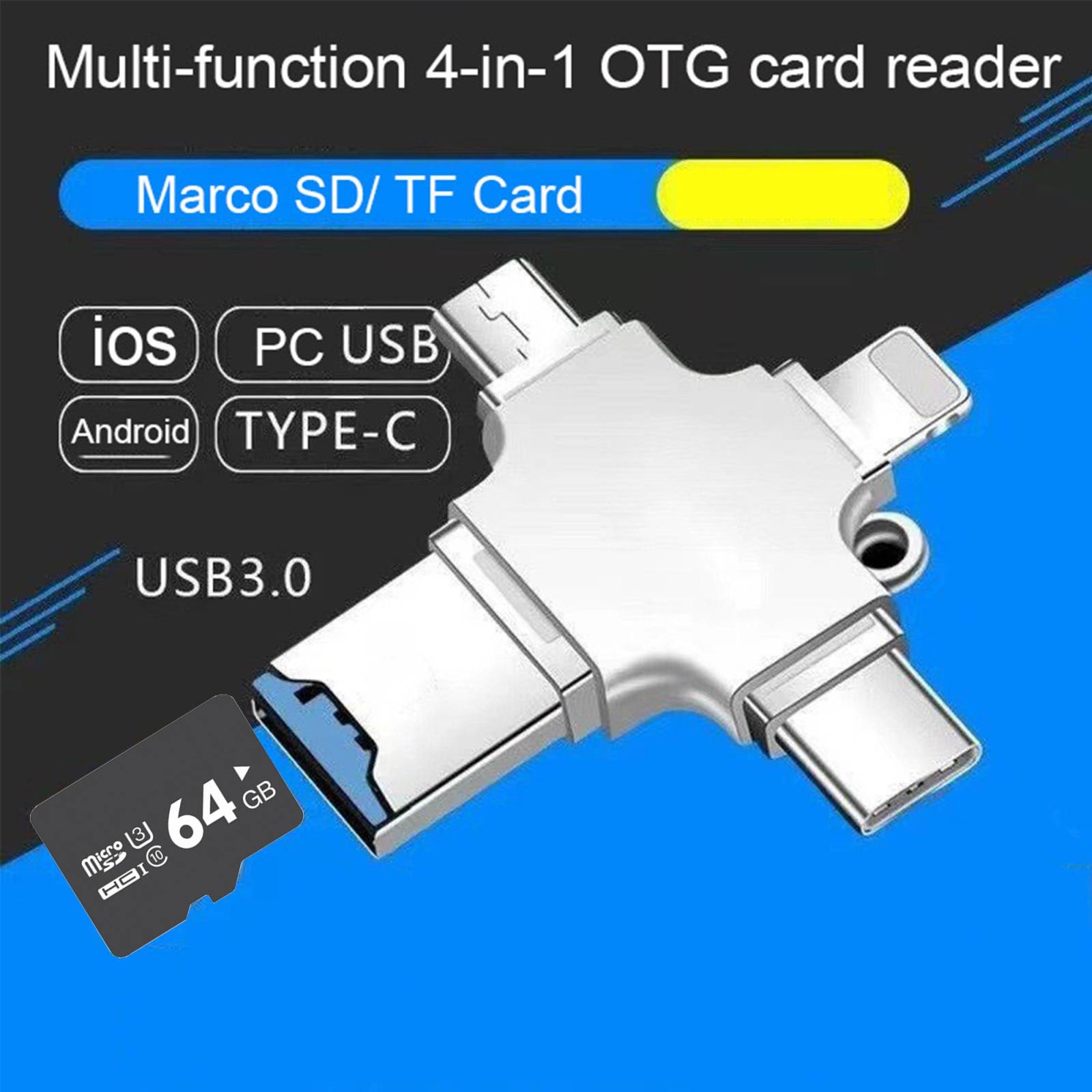 Lecteur de Cartes TF 4 en 1 USB-C Micro USB 8 Pin Compatible OTG YONIS-1