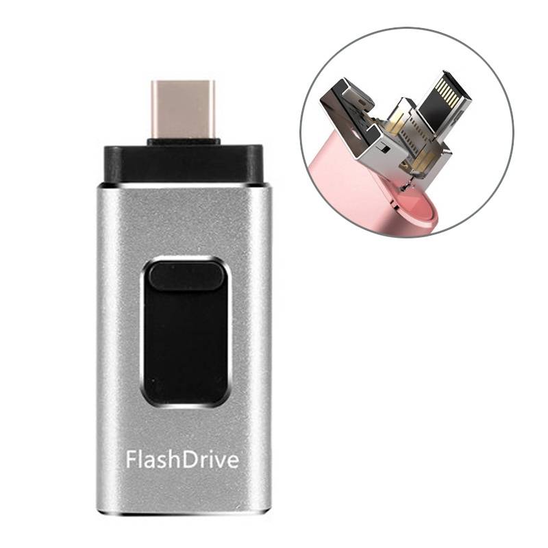Clé USB 16 Go OTG à 4 Interfaces USB Micro USB Type-C Lightning - Argent - Yonis-0