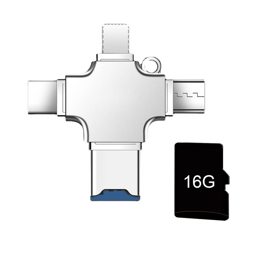 Lecteur de Carte TF 4 en 1 avec Carte Mémoire 16 Go USB-C Micro USB 8 Pin OTG YONIS-0