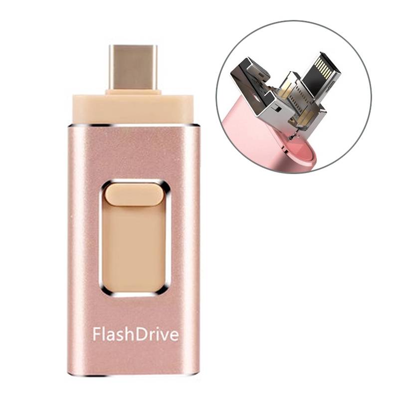 Clé USB 16 Go OTG à 4 Interfaces USB Micro USB Type-C Lightning Rose YONIS-0