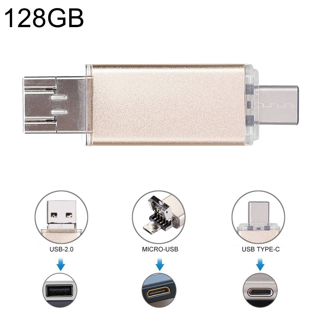 Clé USB 128GB 3 en 1 USB-C USB 2.0 OTG pour Téléphone et PC - Or - Yonis-0