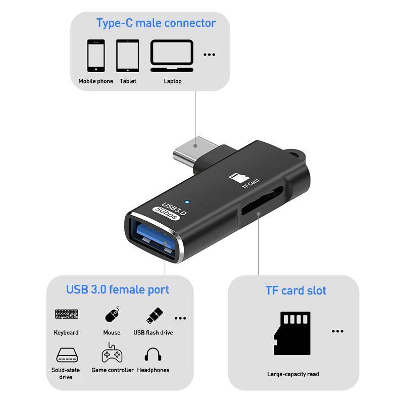 Adaptateur OTG Type-C Lecteur de Carte TF USB 3.0 5 Gbit/s - Gris - Yonis-1