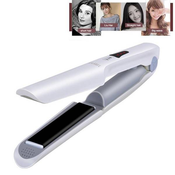 Mini Lisseur Boucleur Sans Fil Rechargeable USB 2 en 1 Plaques Céramiques Rose Blanc YONIS