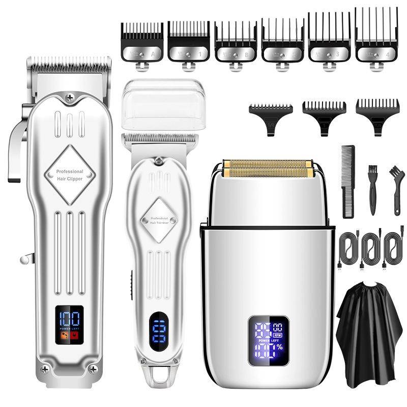 Kit 3 Pièces Tondeuse à Cheveux et Rasoir Homme Lames Acier Écran LCD Argent YONIS-0