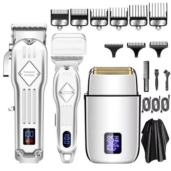 Kit 3 Pièces Tondeuse à Cheveux et Rasoir Homme Lames Acier Écran LCD Argent YONIS