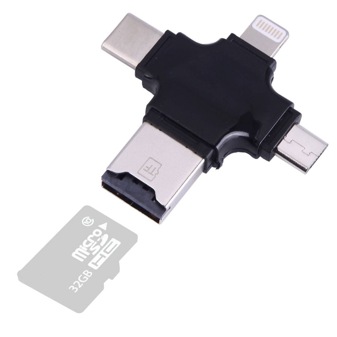 Lecteur De Carte TF 4 En 1 USB-C Micro USB USB 2.0 8 Pin OTG Noir YONIS-0