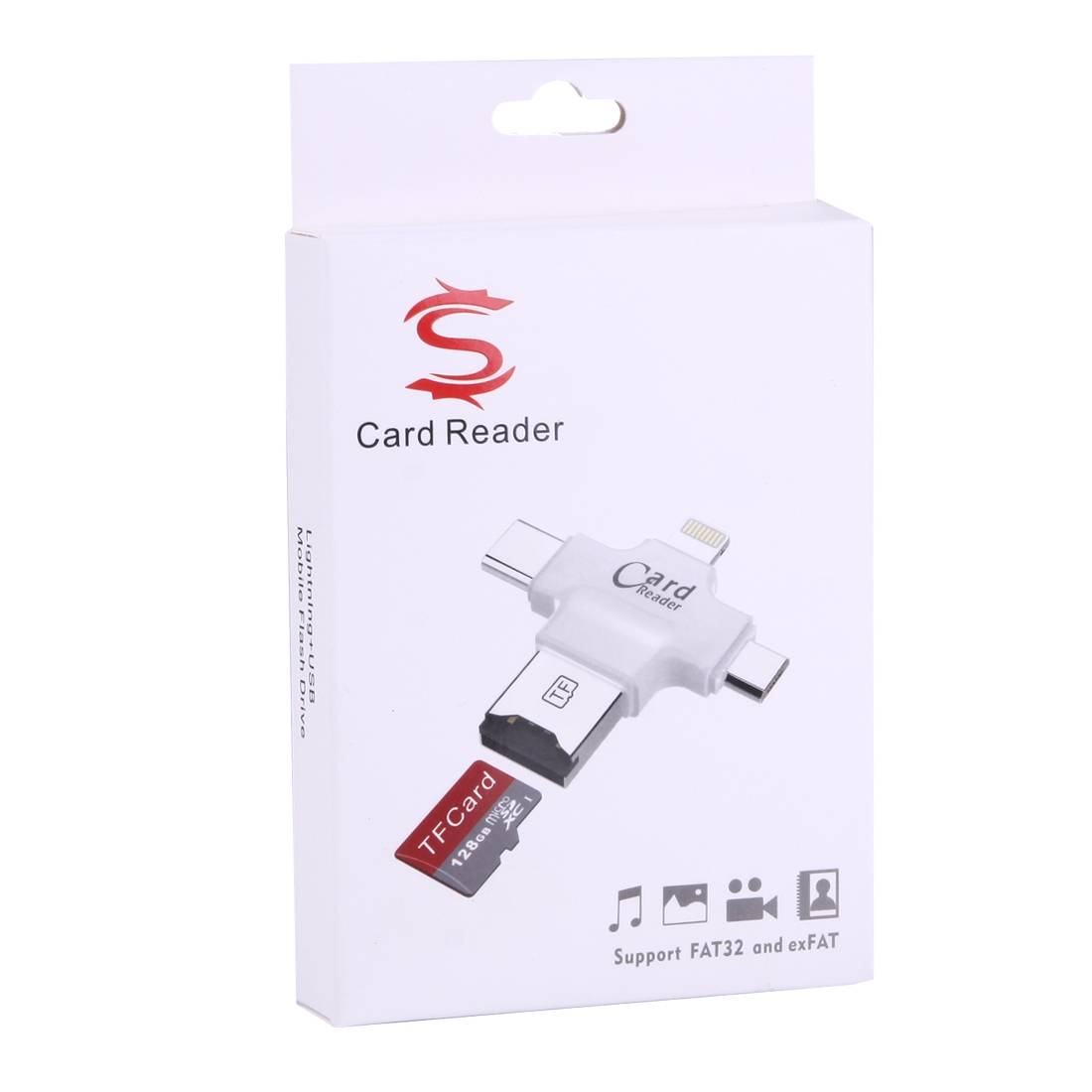 Lecteur De Carte TF 4 En 1 USB-C Micro USB USB 2.0 8 Pin OTG Blanc YONIS-2