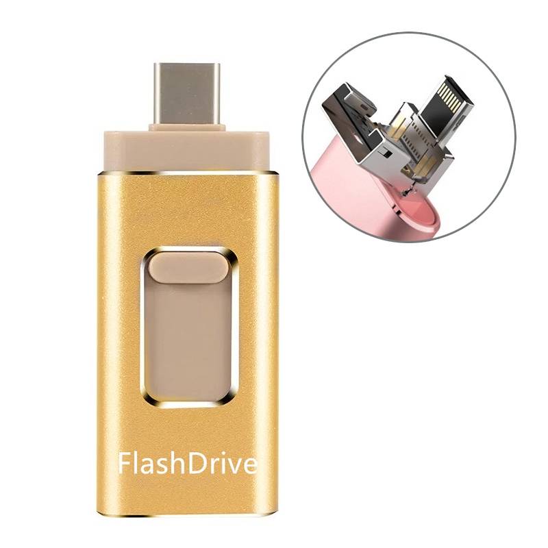 Clé USB 16 Go OTG à 4 Interfaces USB Micro USB Type-C Lightning Or YONIS-0
