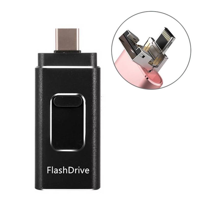 Clé USB 32 Go OTG 4 Interfaces USB 3.0 Lightning Micro USB Type C Noir YONIS-0