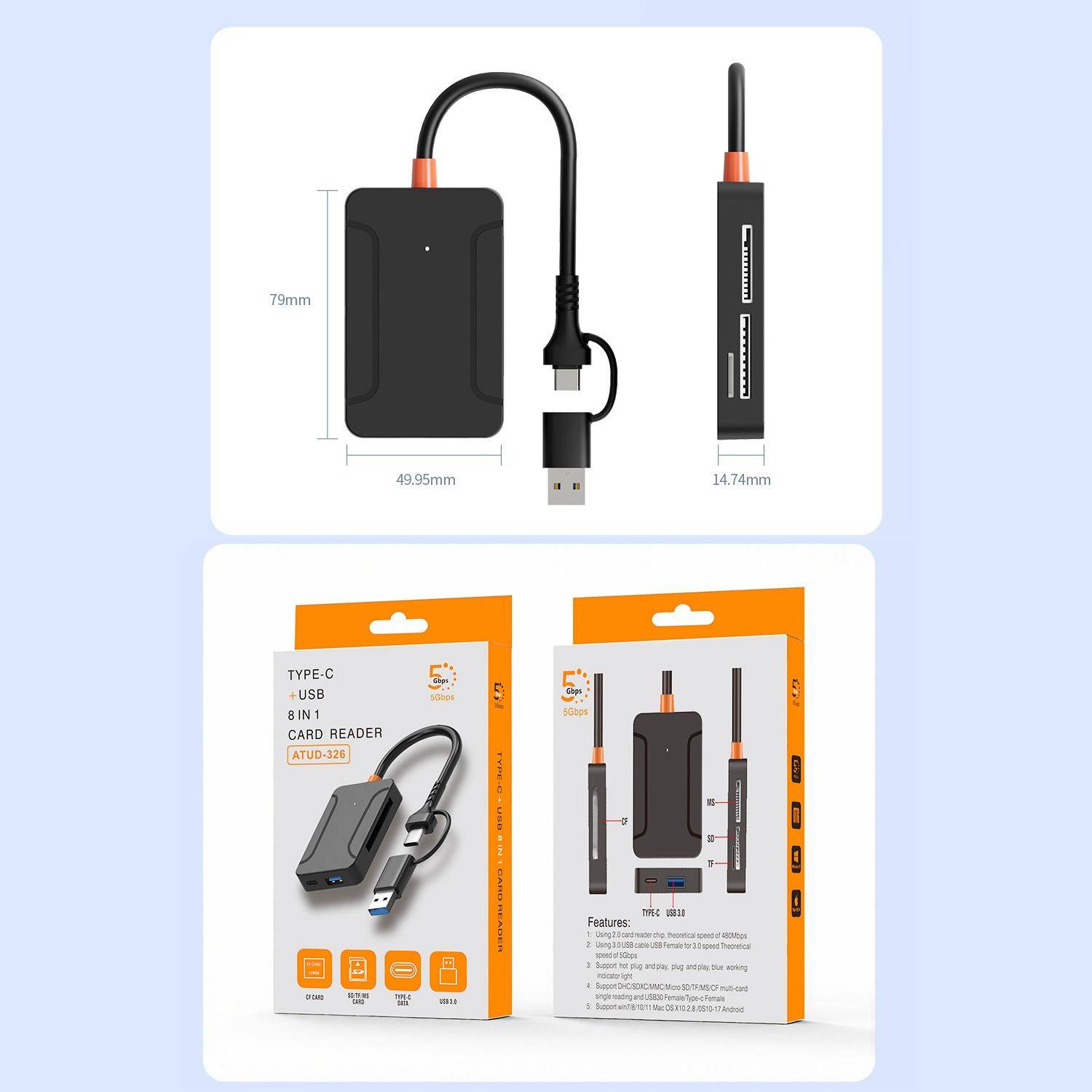 Lecteur de Cartes 8 en 1 USB 3.0 avec OTG SD TF CF MS Type-C YONIS-1
