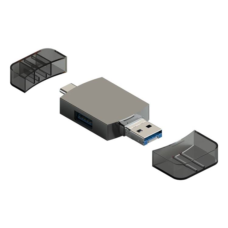 Adaptateur OTG USB-C Vers USB Et 8 Pin 3 En 1 Lecteur De Cartes SD TF Gris Métal YONIS-0