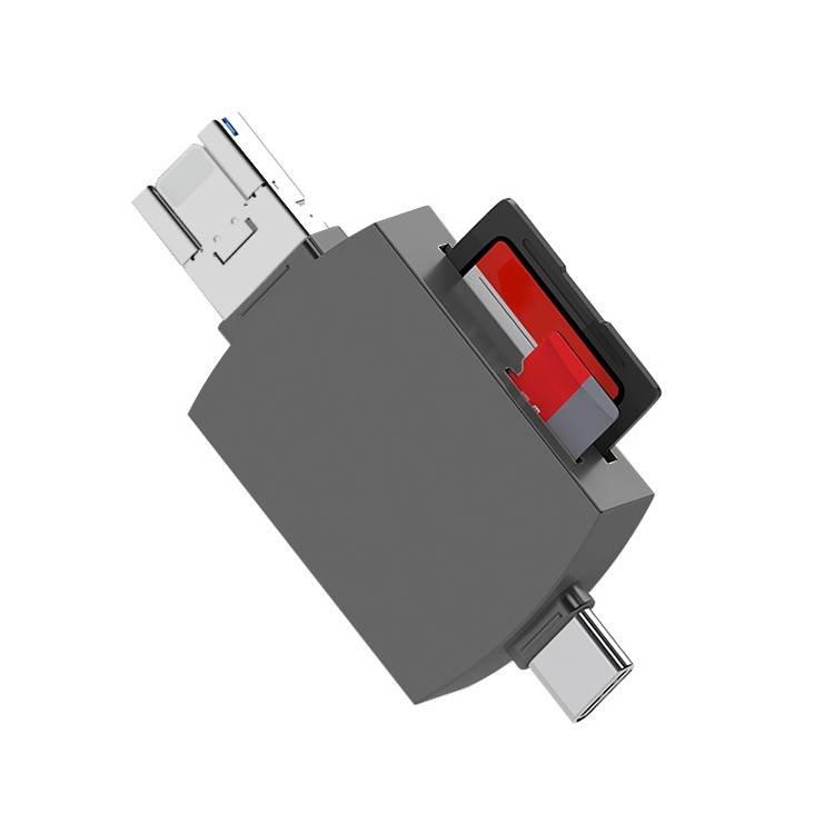 Adaptateur OTG USB-C Vers USB Et 8 Pin 3 En 1 Lecteur De Cartes SD TF Gris Métal YONIS-1
