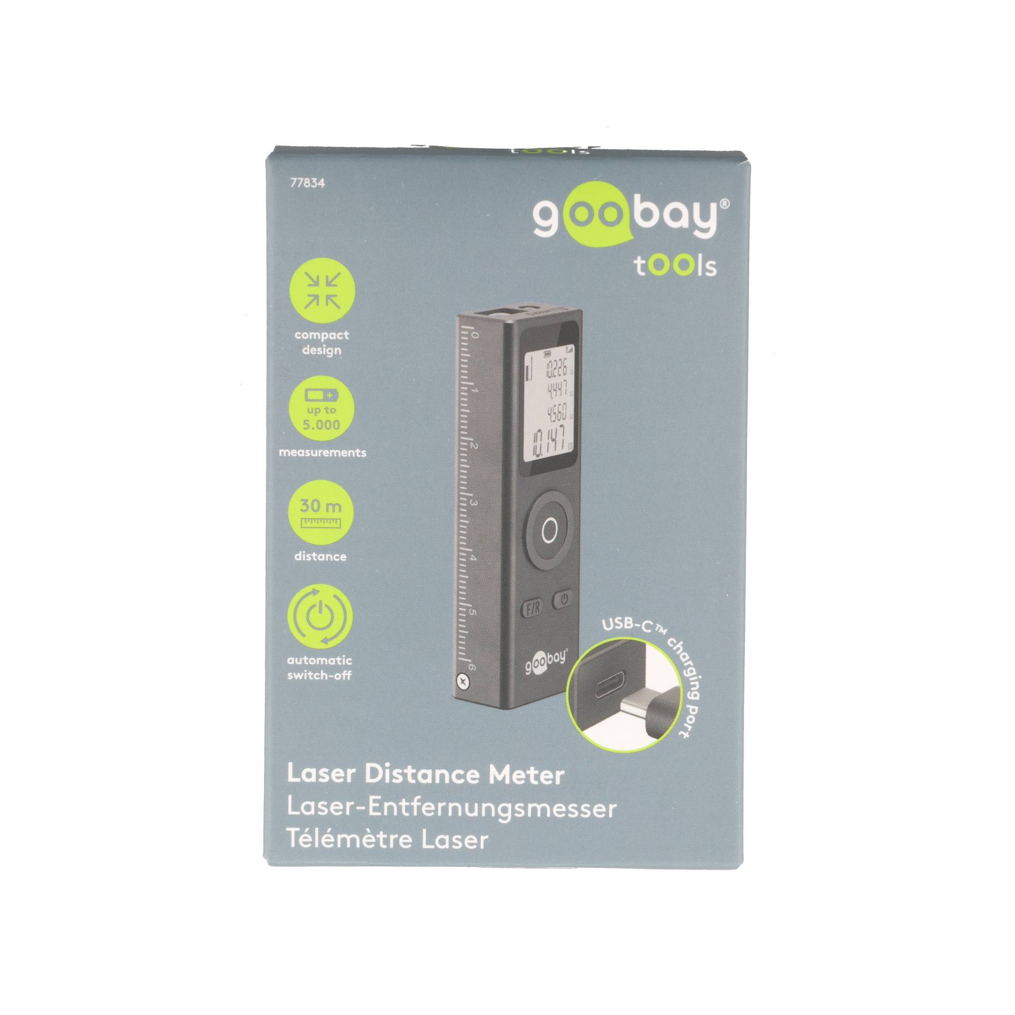 Télémètre laser Goobay Tools 30 m – Appareil de mesure compact pour la mesure de longueur, de surface et de volume-0