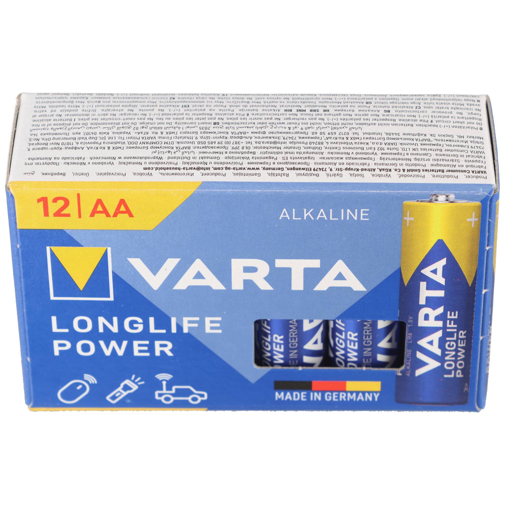 Piles alcalines Varta, Mignon, AA, LR06, 1,5 V longue durée, Cube, Boîte de vente au détail (paquet de 12)-2