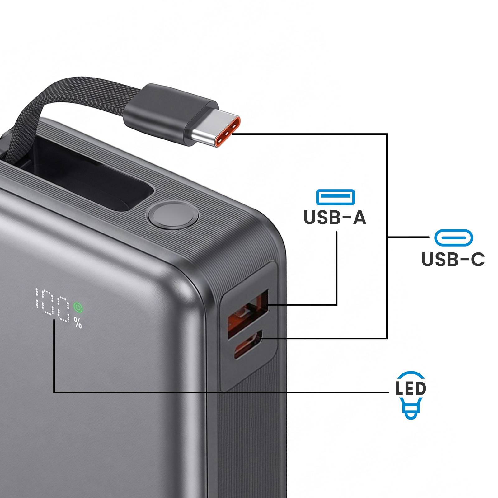 PowerBank 20000mAh 65W Double Port USB avec Câble Dragonne USB-C Intégré-3