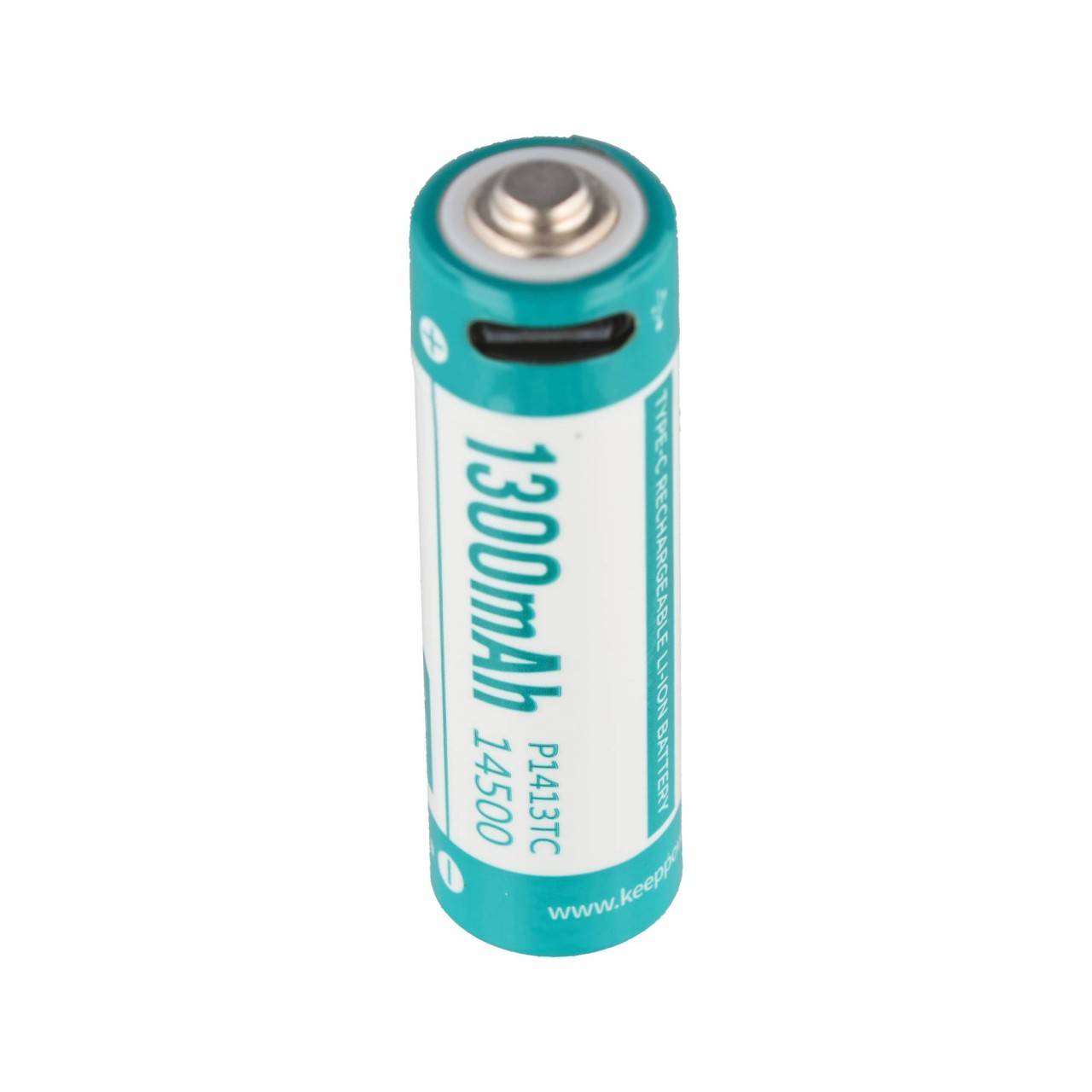 1 batterie Keeppower 14500 1300 mAh 3,7 V Li-ion protégée avec port de charge USB-C, dimensions 50,2 x 14,3 mm, P1413TC-0