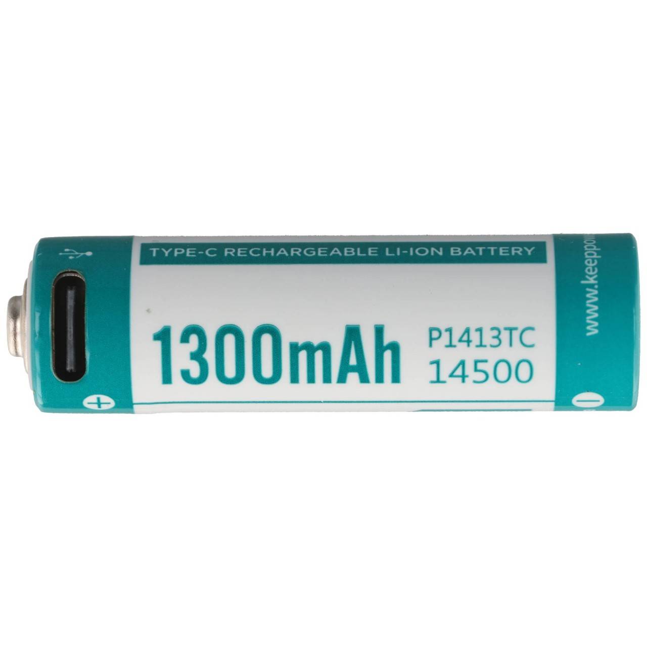1 batterie Keeppower 14500 1300 mAh 3,7 V Li-ion protégée avec port de charge USB-C, dimensions 50,2 x 14,3 mm, P1413TC-4