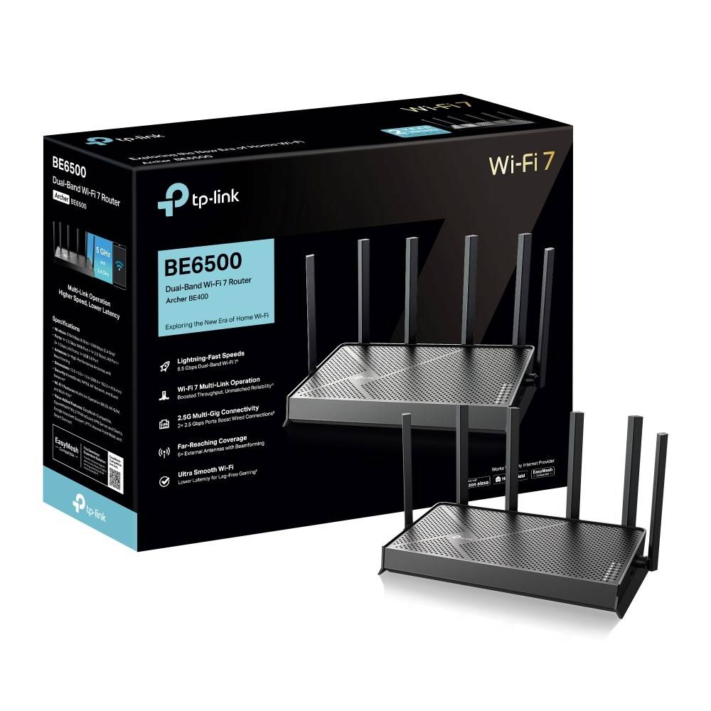 TP-LINK BE6500 Dual-Band Wi-Fi 7 Router 688Mbps at 2.4GHz + 5764Mbps at 5GHz 6xAntennas 2.0 GHz Quad-Core CPU 1x2.5Gbps-5