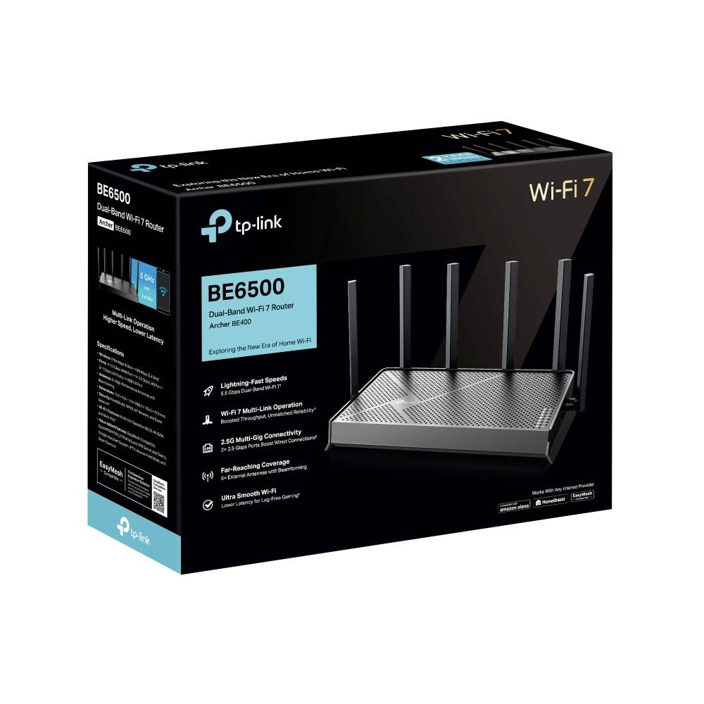 TP-LINK BE6500 Dual-Band Wi-Fi 7 Router 688Mbps at 2.4GHz + 5764Mbps at 5GHz 6xAntennas 2.0 GHz Quad-Core CPU 1x2.5Gbps-4
