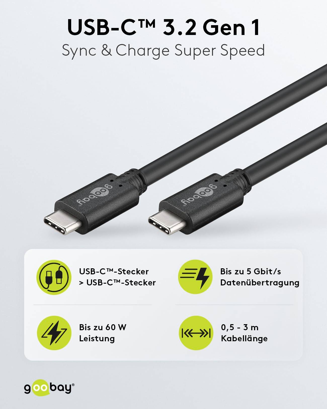Câble de charge USB-C, câble USB 3.2 Gen 1, câble de charge USB-C vers USB-C, 60 W, noir 1 m-1