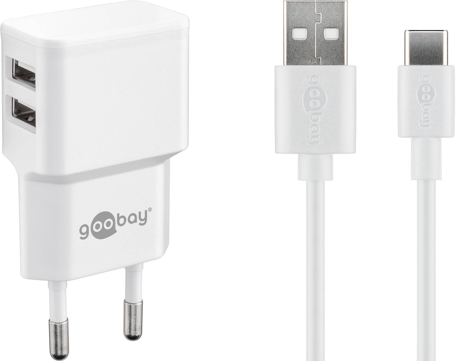 Kit de charge double Goobay USB-C™ 2,4 A - bloc d'alimentation avec 2 prises USB et câble USB Type-C™ 1 m (blanc)-0