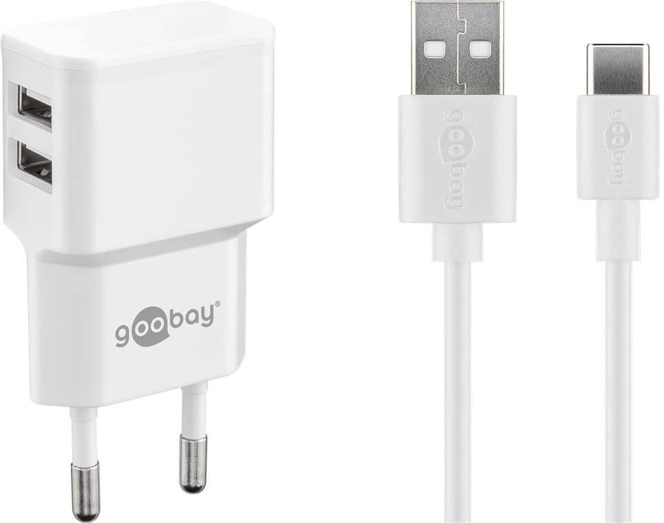 Kit de charge double Goobay USB-C™ 2,4 A - bloc d'alimentation avec 2 prises USB et câble USB Type-C™ 1 m (blanc)-1
