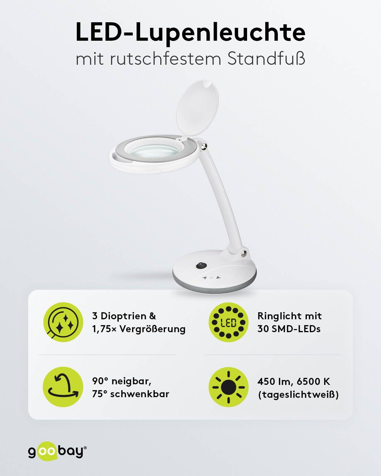 Lampe loupe sur pied Goobay LED 6W - 80-450lm Dimmable Lentille en verre 100mm Grossissement 1,75x 3 dioptries-1