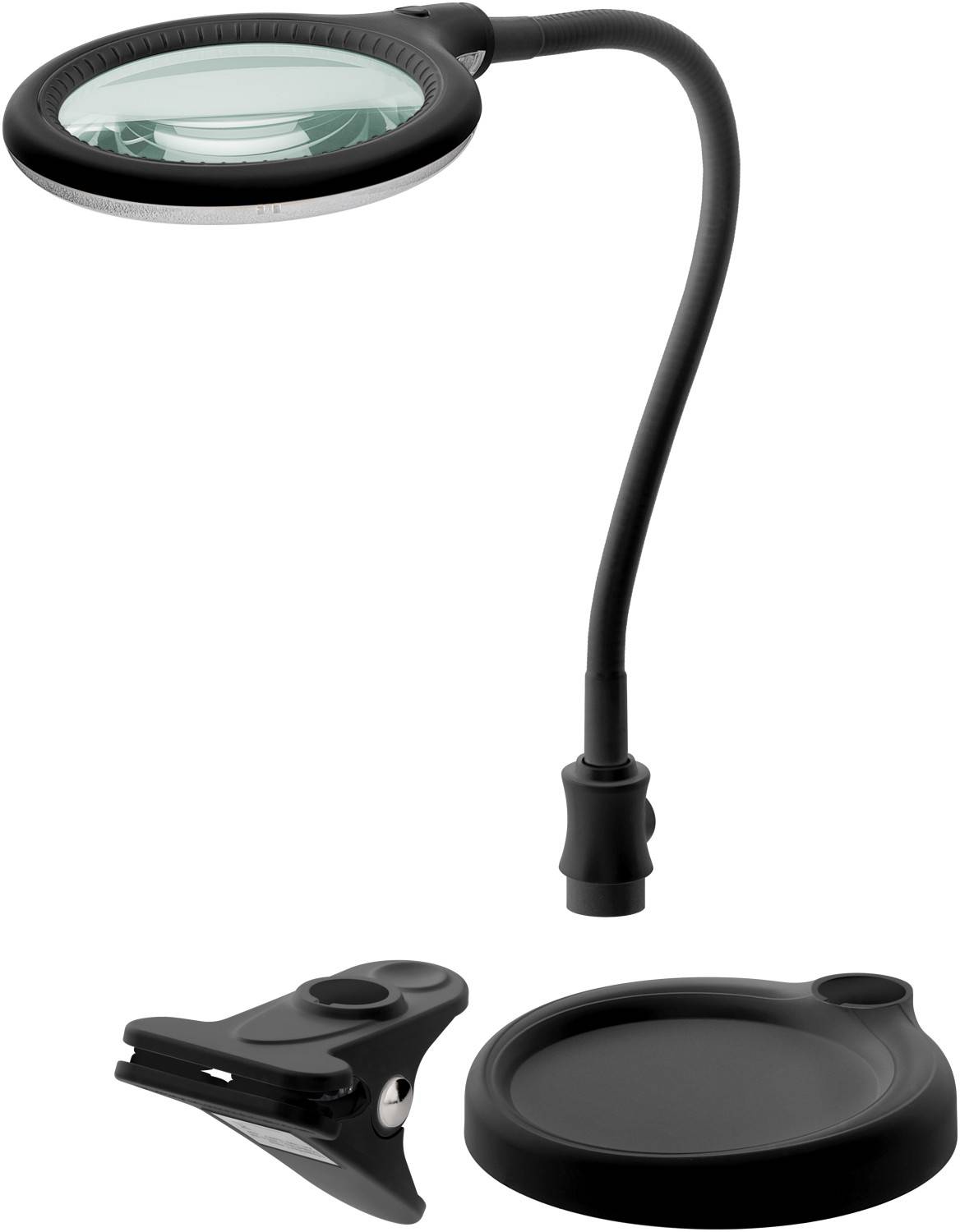 Lampe loupe sur pied/clip Goobay LED 6 W, noir - 480 lm, lentille en verre 100 mm, grossissement 1,75x, 3 dioptries