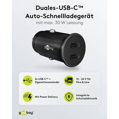 Chargeur de voiture rapide Goobay Dual-USB-C™ PD (Power Delivery) (30 W) - 30 W (12/24 V) adapté aux appareils avec...-1