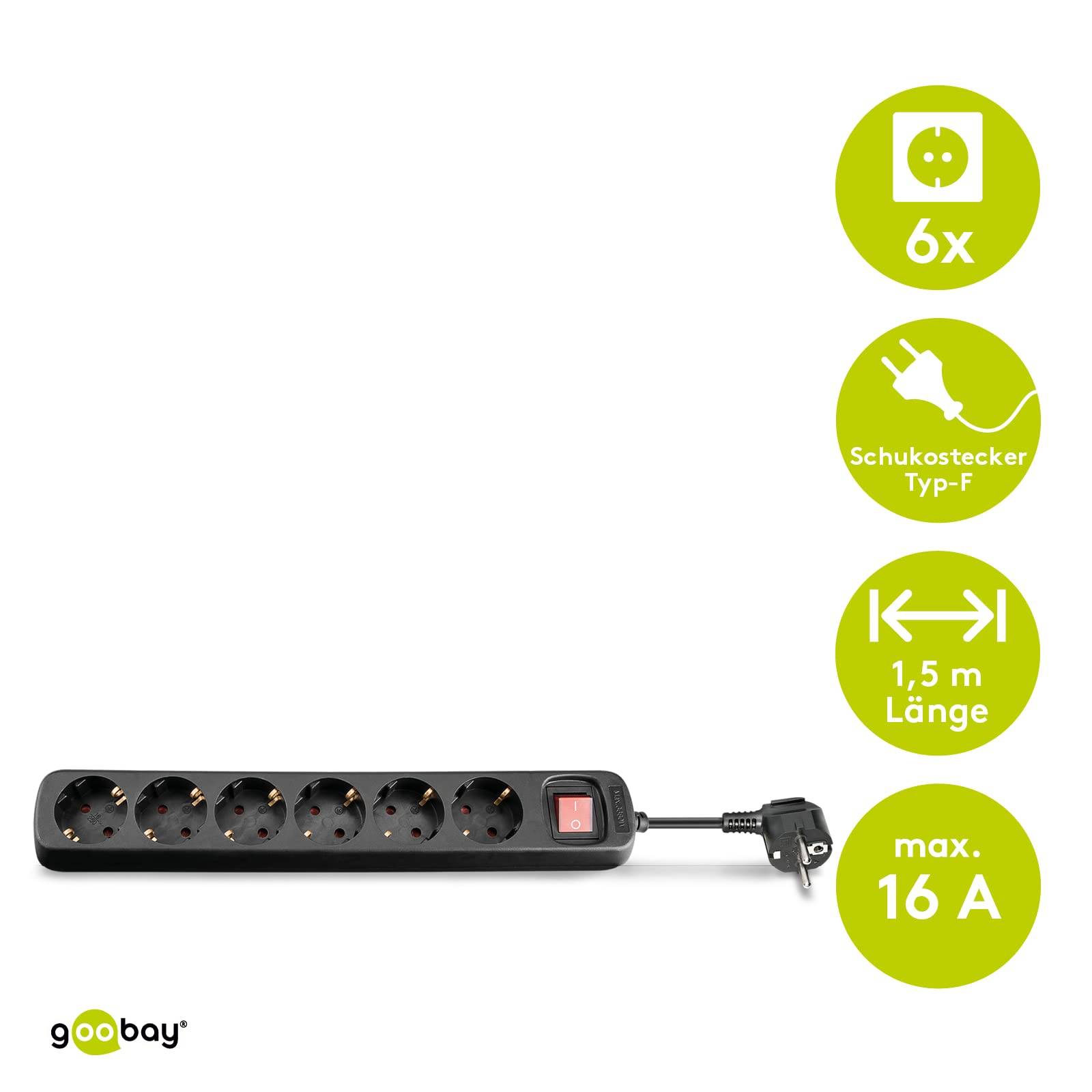 Bloc multiprise Goobay 6 voies avec interrupteur, 1,5 m, noir - 6x prise de contact de protection - ATTENTION PRISE...-1