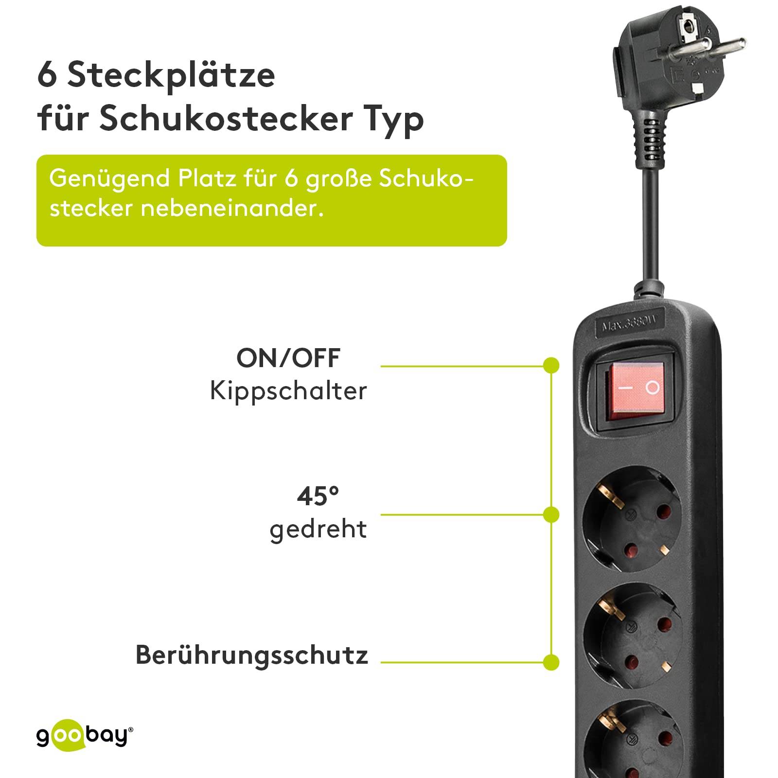 Bloc multiprise Goobay 6 voies avec interrupteur, 1,5 m, noir - 6x prise de contact de protection - ATTENTION PRISE...-2