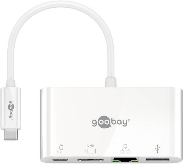 Adaptateur multiport Goobay USB-C™ HDMI+Ethernet, PD, blanc - ajoute un port Ethernet, un port HDMI™ et un port USB...