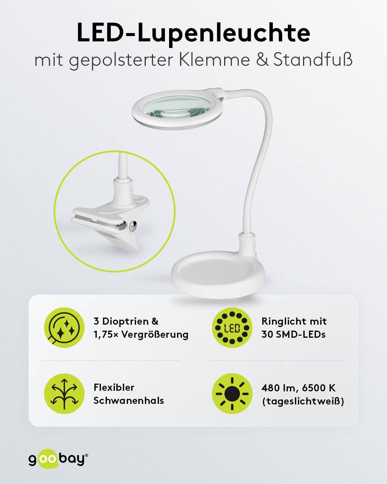 Goobay Lampe Loupe sur Pied/Pince LED 6W - 480lm Lentille en Verre 100mm Grossissement 1.75x 3 Dioptries-1