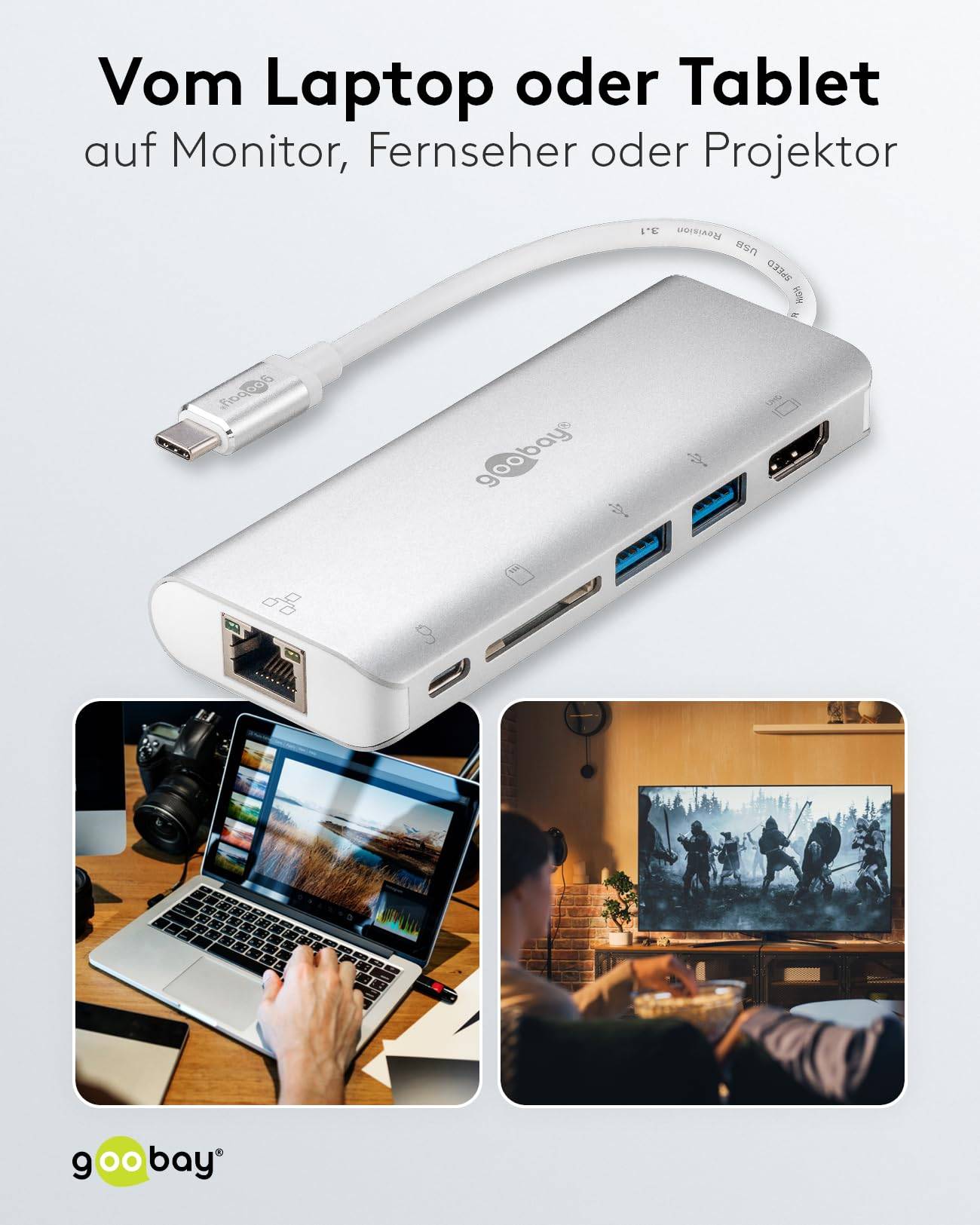 Goobay Goobay 76788 USB-C Verteiler 4K Hub USB C Mehrfachstecker USB-A RJ45 SD Reader 6 ports Hub USB avec port de charg-2