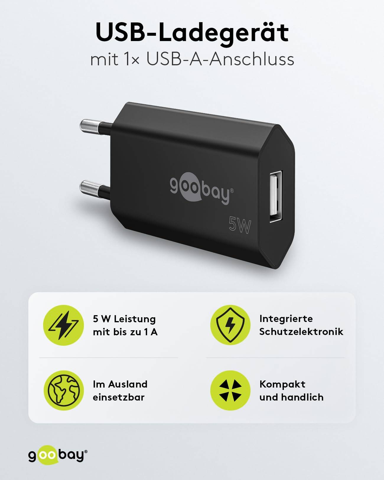Chargeur USB Goobay (5W) noir - alimentation USB compacte avec connexion 1xUSB-1
